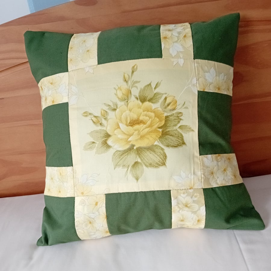 Patchwork cushion cover, moss green with yellow rose