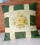 Patchwork cushion cover, moss green with yellow rose