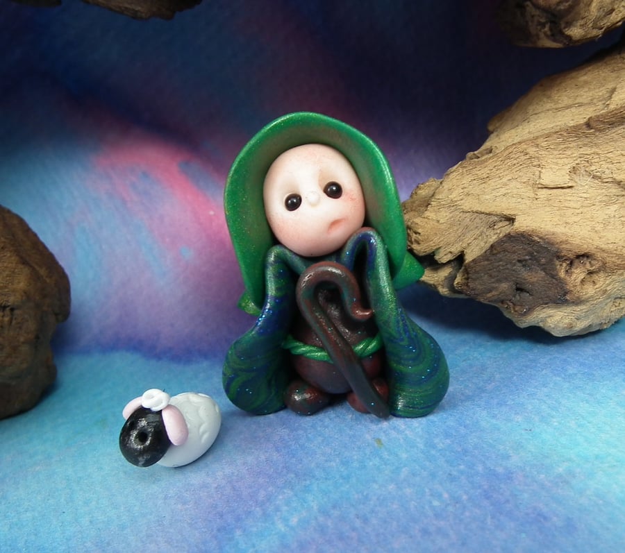 Tiny Gnome Shepherd with Lamb Sheep OOAK Sculpt by Ann Galvin Gnome Village