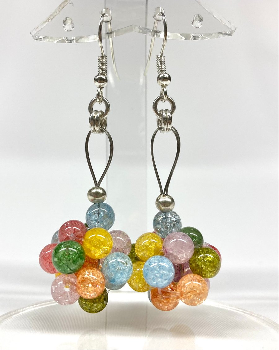 Rainbow Cracked Crystal Beaded Bead Drop Earrings with Sterling Silver Plated Wi