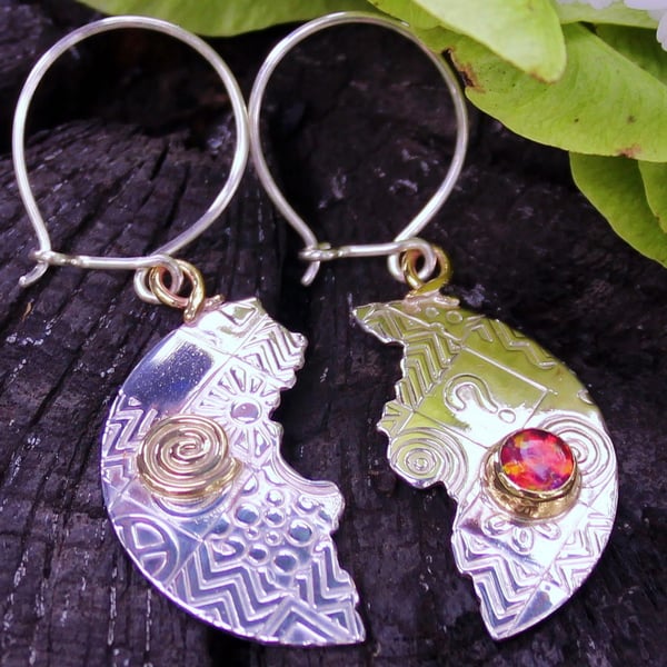 Red opal earrings, handmade, round halved sterling silver drop earrings