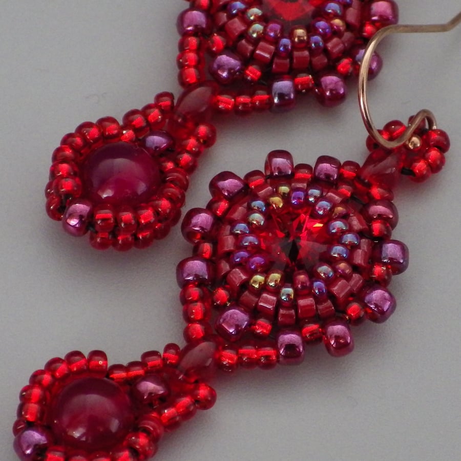 Beadwoven scarlet red Swarovski rivoli earrings with dyed pink agate drops