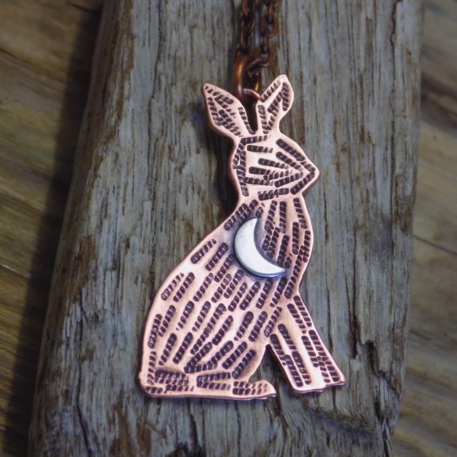 Copper and silver brown hare mixed metal pendant