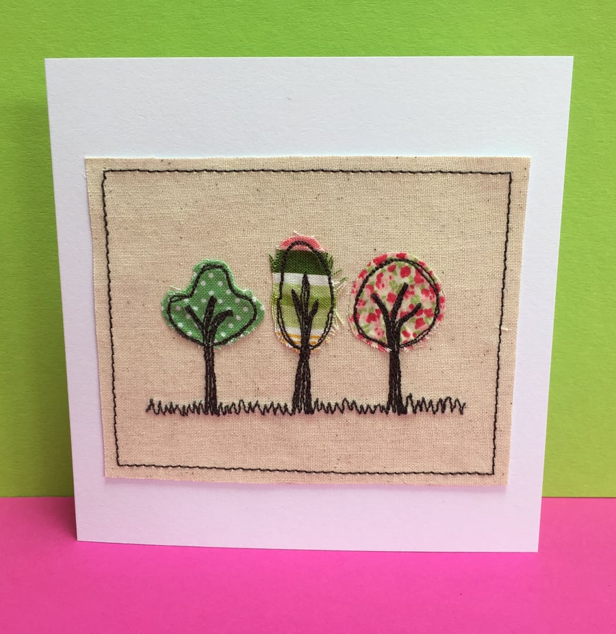 Three little trees card - Machine Embroidered