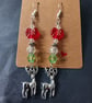Beaded red and green Christmas dangle earrings  with silver stag charms  - Image 3