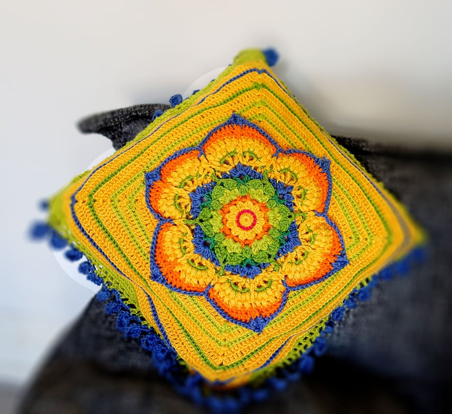 Sunshine Yellow Mandala Design Cotton Cushion  