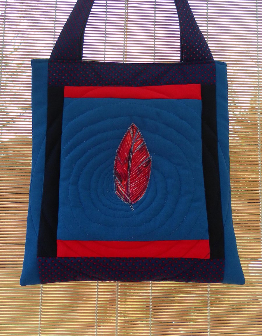  Quilted Bag, Blue and Red, Feather on Water, Ripples 