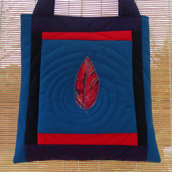  Quilted Bag, Blue and Red, Feather on Water, Ripples 