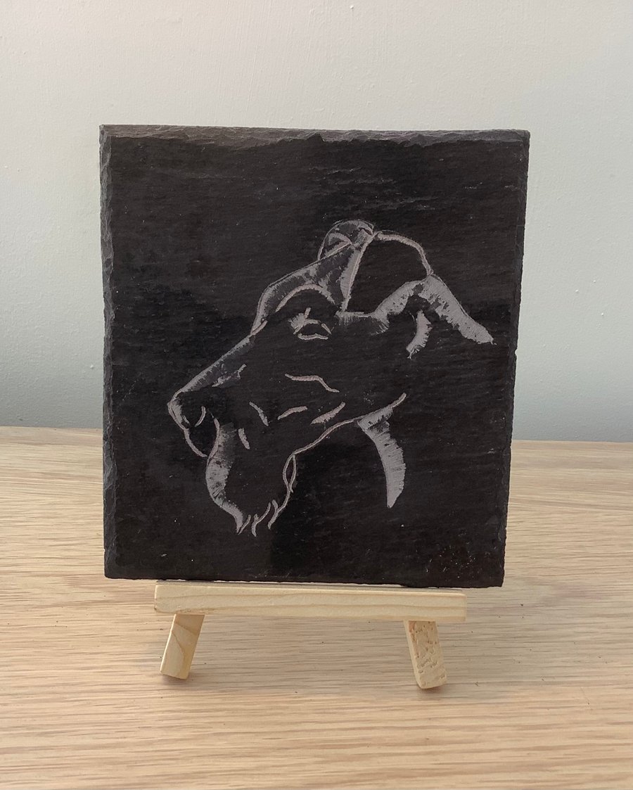 A wise Schnauzer Dog - original art picture hand carved on recycled slate