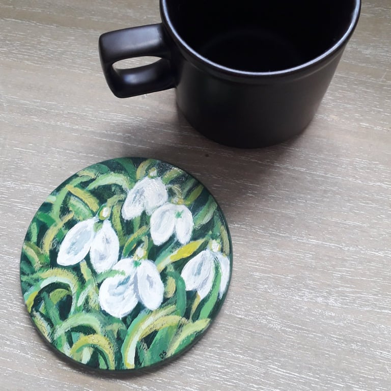 Wooden Coaster handpainted with Snowdrops.  