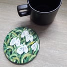 Wooden Coaster handpainted with Snowdrops.  