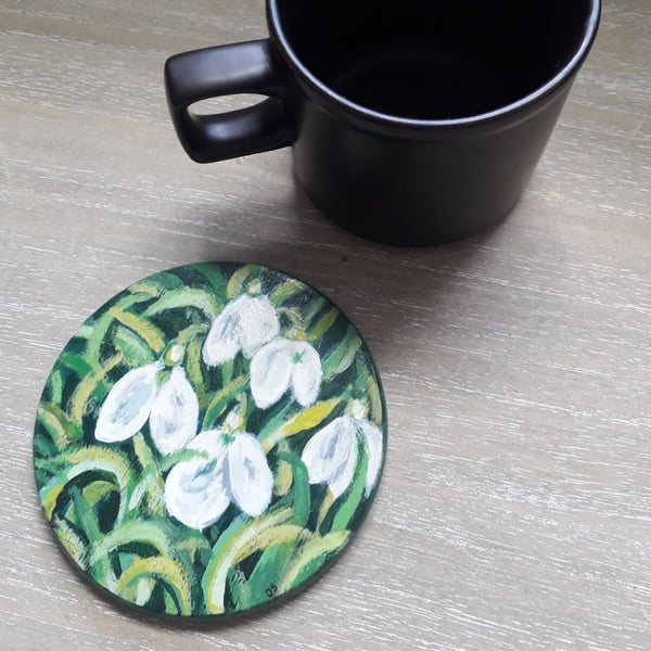 Wooden Coaster handpainted with Snowdrops.  
