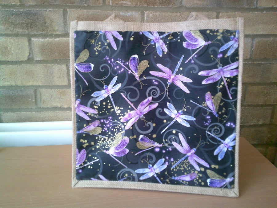 Purple Dragonflies on a Black Background Medium Jute Bag