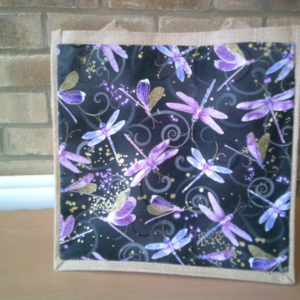 Purple Dragonflies on a Black Background Medium Jute Bag