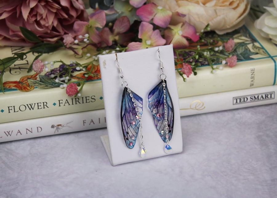 Forget-Me-Not Blue and Pink Fairy Wing Cicada Earrings Fairycore Pagan