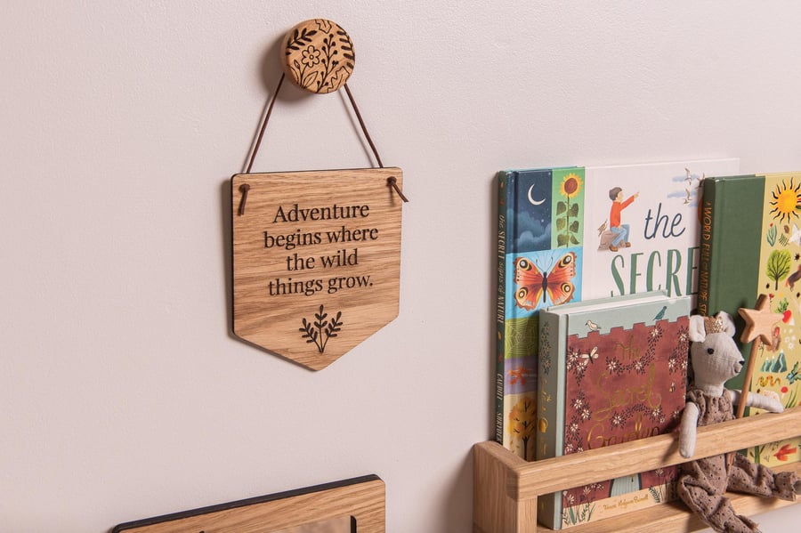 Kids Bedroom Hanging Pennant Flag, "Adventure begins..." Quote. Wall Flag