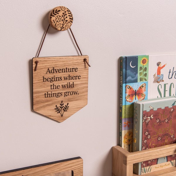 Kids Bedroom Hanging Pennant Flag, "Adventure begins..." Quote. Wall Flag