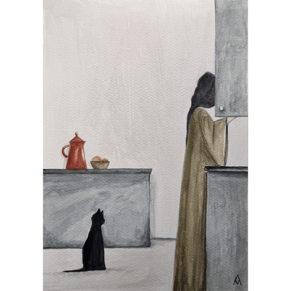 Original Watercolour Painting - Cat Lady Gift - Kitchen Illustration Art - A4