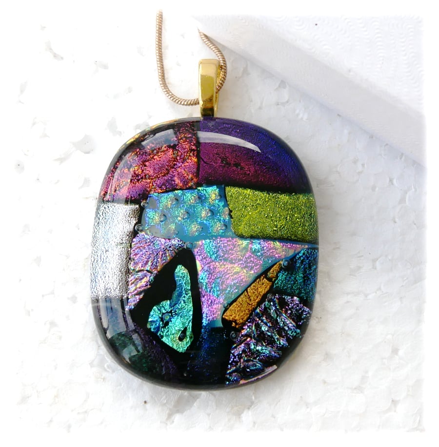 Dichroic Glass S016 Supersize Patchwork 3-layer Pendant with Gold plated chain