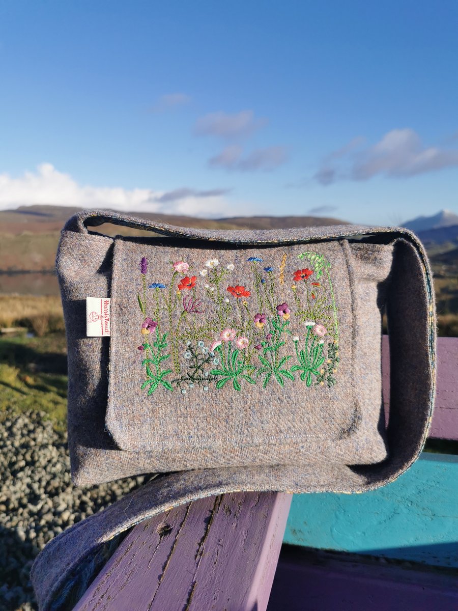 Harris Tweed crossbody bag with embroidered Machair and William morris lining 