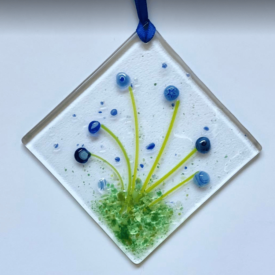 Fused glass suncatcher hanging decoration, blue flowers