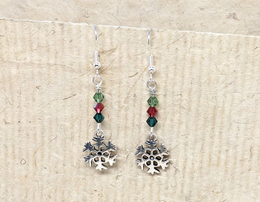 Snowflake earrings with red and green Swarovski crystals, silver plated