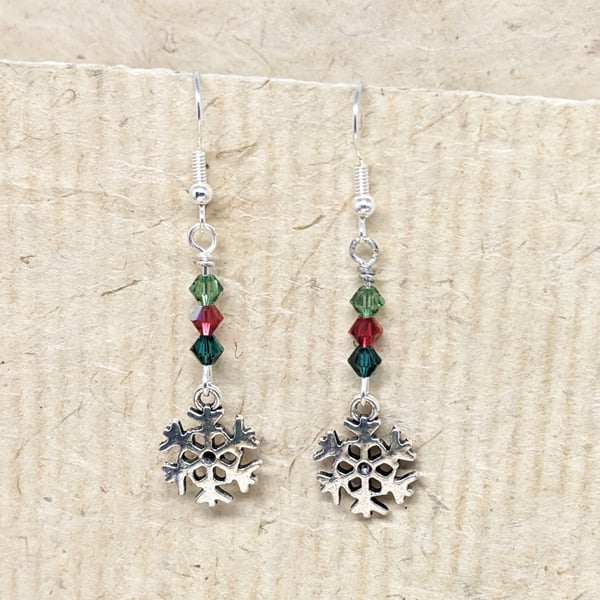 Snowflake earrings with red and green Swarovski crystals, silver plated