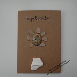 White & Seafoam Sea Glass Flower in White Pottery Vase Happy Birthday Card C288