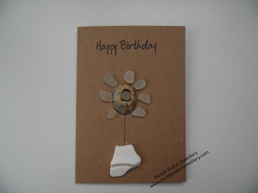 White & Seafoam Sea Glass Flower in White Pottery Vase Happy Birthday Card C288