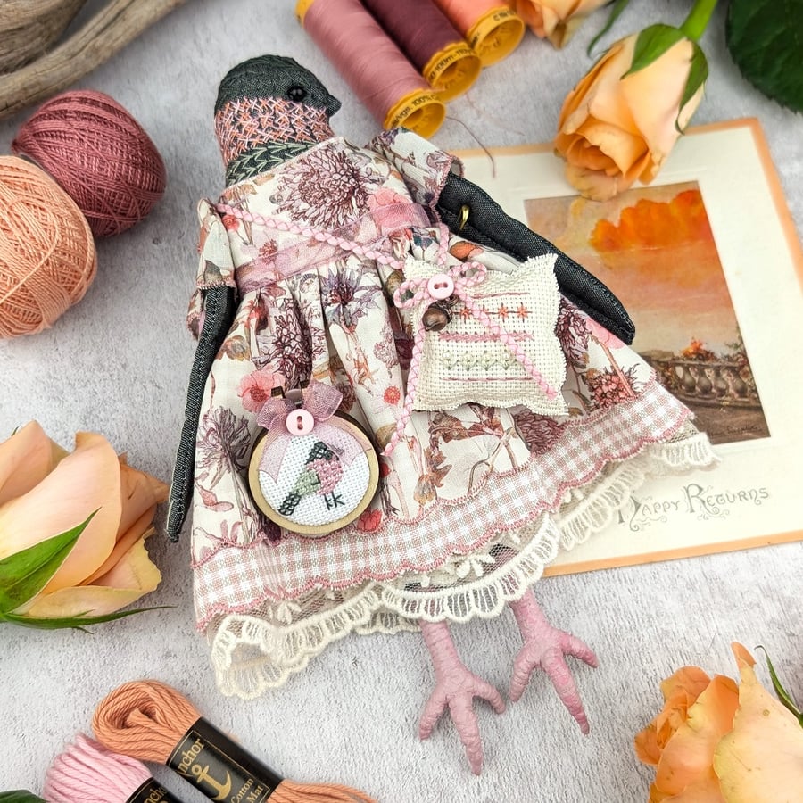 Rowan,  A  Tiny Hand Embroidered Bullfinch Folk Art Doll
