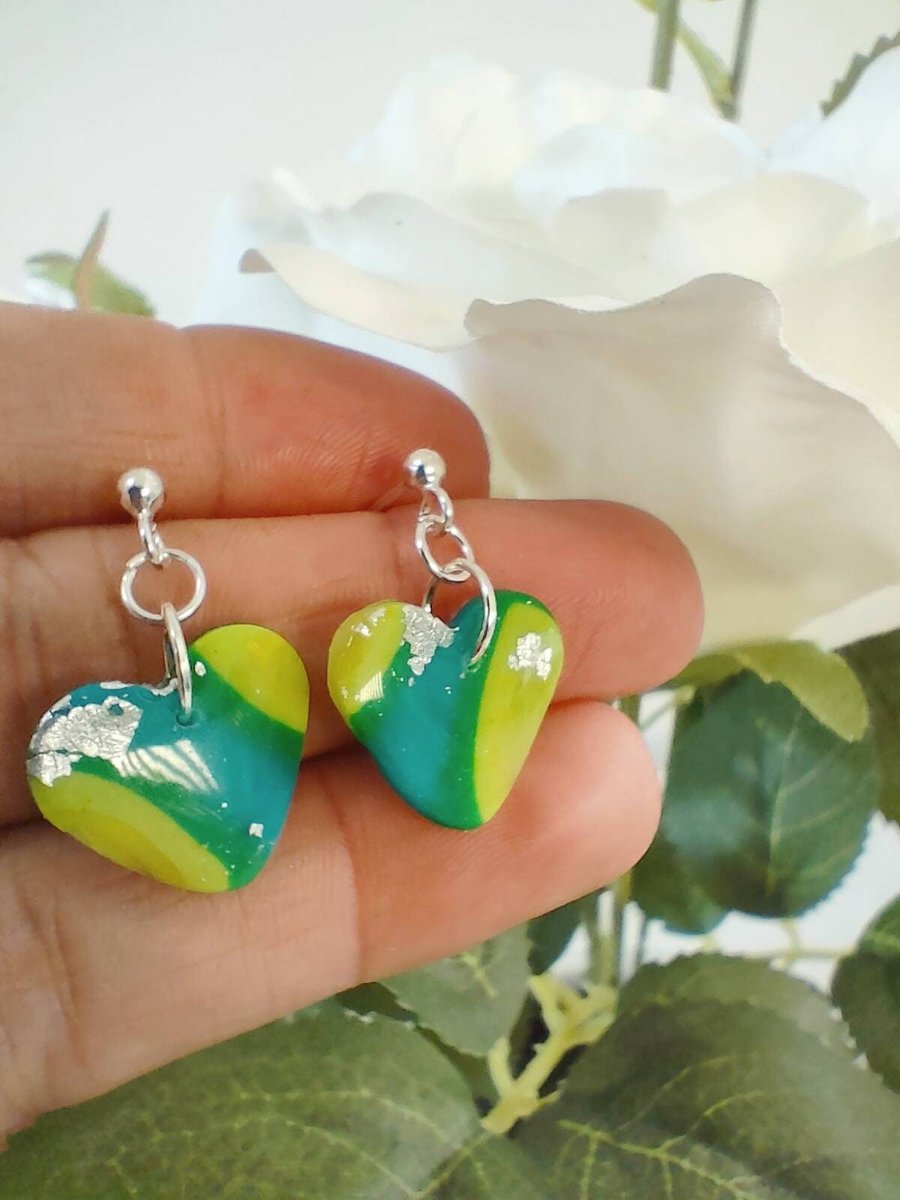 Polymer Clay Heart Earrings with Silver Flakes
