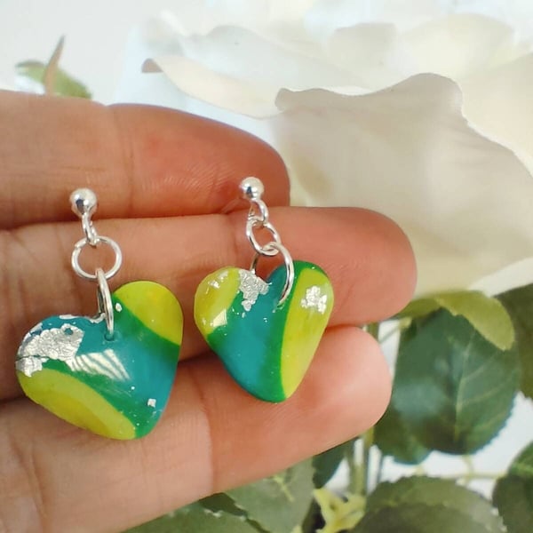 Polymer Clay Heart Earrings with Silver Flakes