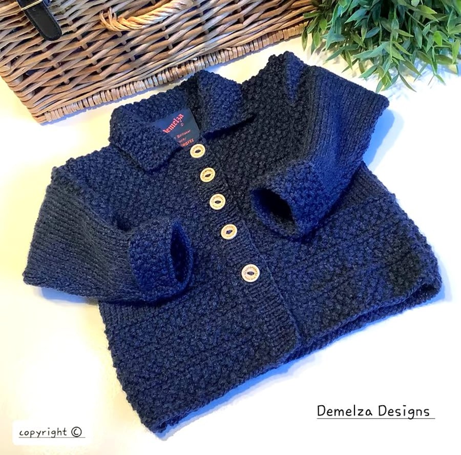 Designer Textured Hand Knitted Long Cosy Denim Blue Cardigan 1-2 Years