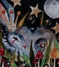 Mounted ACEO Enchanted Moon Gazing Bird in Mushrooms Field Watercolour Edition  - Image 3