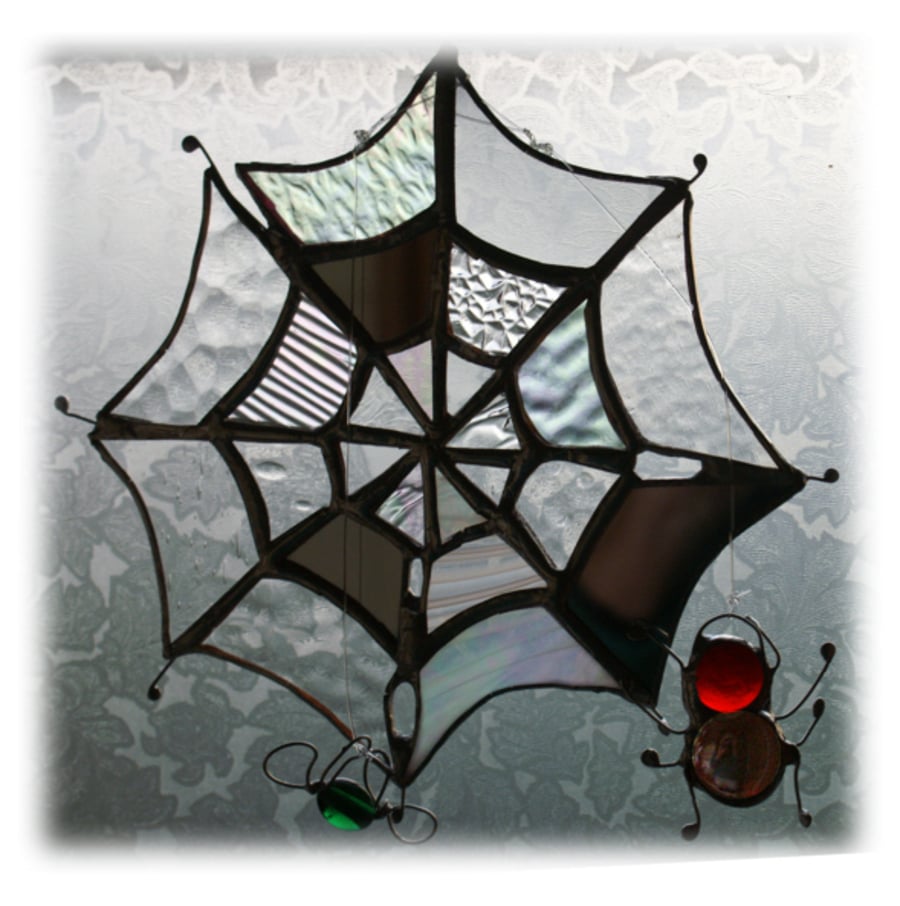 Spider's Web Suncatcher Stained Glass with Red Spider and Greenfly 034