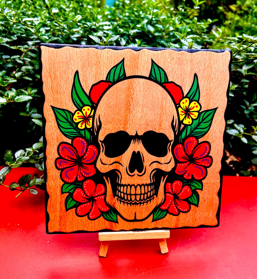 Skull and flowers handcrafted wooden plaque 