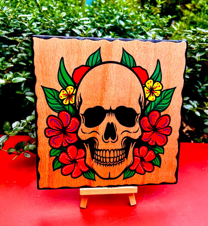 Skull and flowers handcrafted wooden plaque 