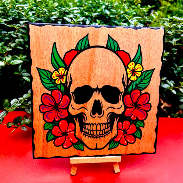 Skull and flowers handcrafted wooden plaque 