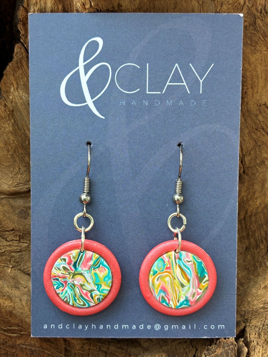 Circular Coral and Multi-Colour Earrings