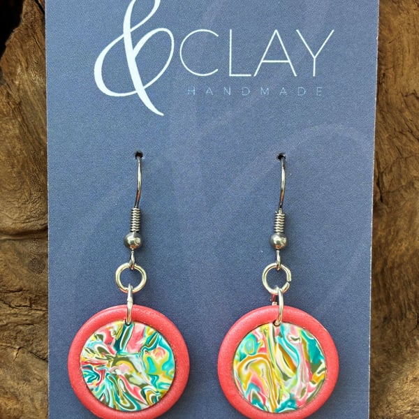 Circular Coral and Multi-Colour Earrings