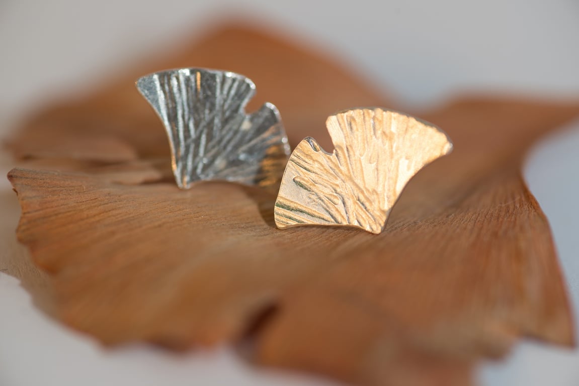 Gingko Leaf Earrings, Silver Studs