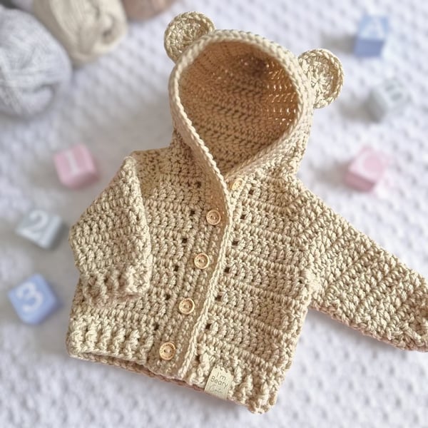 Crochet Teddy Bear Cardigan with Hood and Ears – Newborn to 4 Years