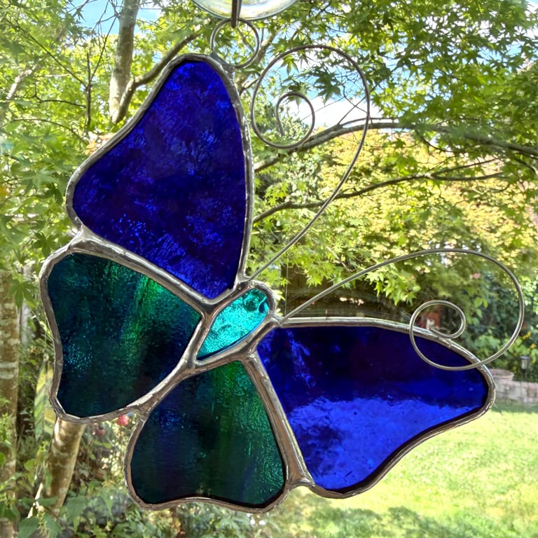 Stained Glass Butterfly Suncatcher - Handmade Decoration  - blue blue streaky