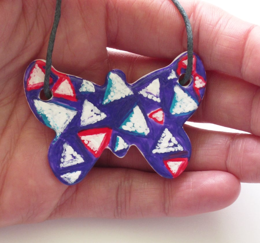 Triangle Pattern Hand Painted Ceramic Butterfly Pendant on Grey Cord with Clasp
