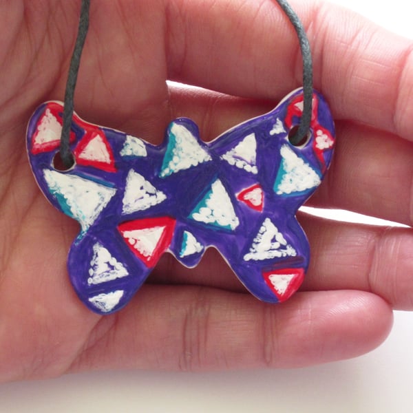 Triangle Pattern Hand Painted Ceramic Butterfly Pendant on Grey Cord with Clasp