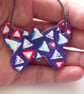 Triangle Pattern Hand Painted Ceramic Butterfly Pendant on Grey Cord with Clasp - Image 1