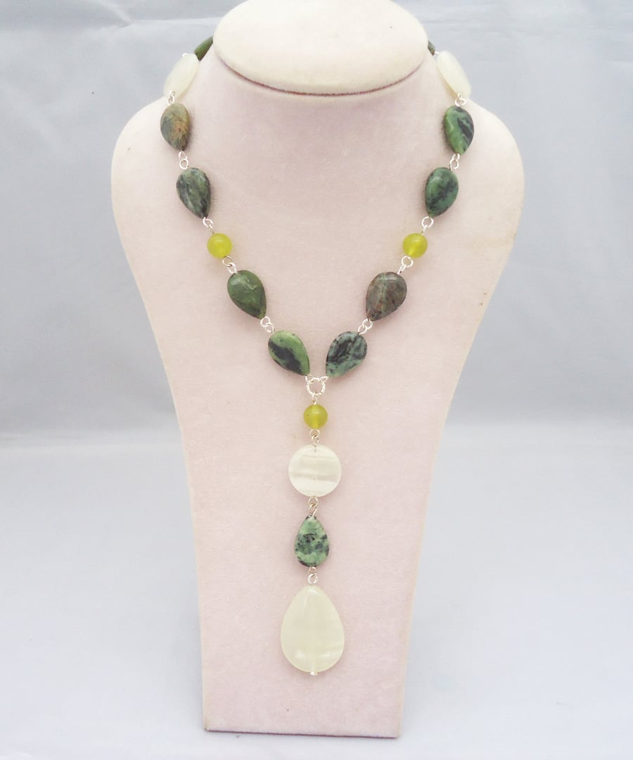 Jade and Onyx Necklace, Green Gemstone Necklace with Pendant