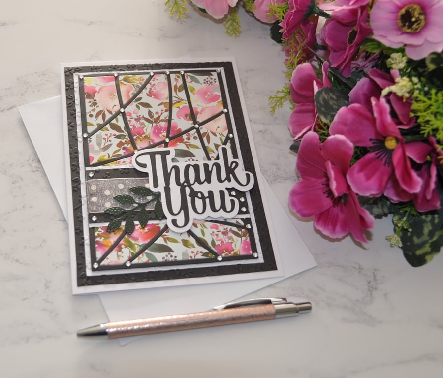 Thank You Card Modern Pink Watercolour Flowers 3D Luxury Handmade Card