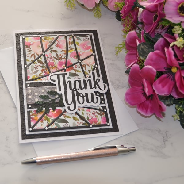 Thank You Card Modern Pink Watercolour Flowers 3D Luxury Handmade Card