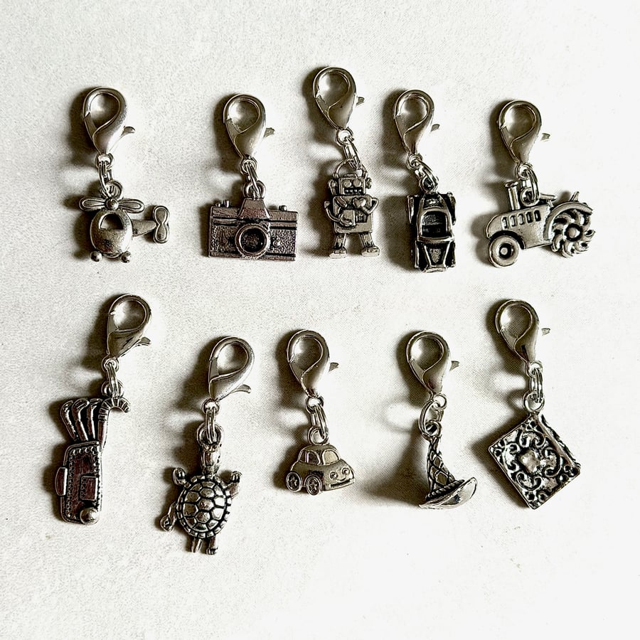10 Clip on charms, zipper pulls - various designs shown, classroom gift 